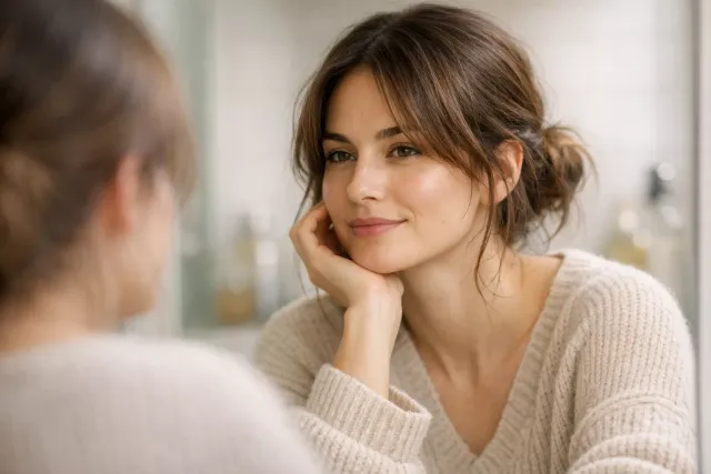 young woman in her late 20s with medium-length wavy brown hair loosely tied in a low bun with a few strands falling around her face, wearing a soft oversized beige knit sweater, standing in a bathroom, looking at herself in a mirror with a calm and slightly amused expression, morning light